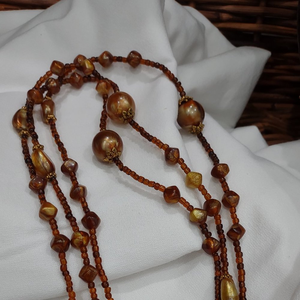 Vintage Brown, Gold and Amber Beaded Necklace and Earring Set - Picture 6 of 9